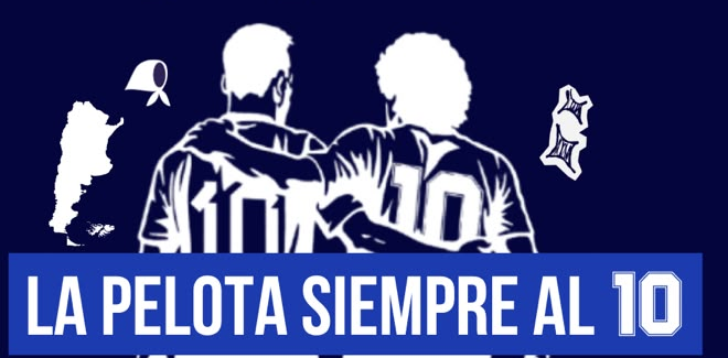 Ilustración de Diego Maradona y Lionel Messi abrazados de espaldas con la 10, y el lema La pelota siempre al 10